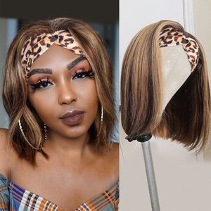 Highlight Brazilian Headband Bone Straight Bob Wig Brown Colored Human Hair Wigs