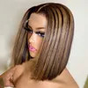 Highlight Brazilian Headband Bone Straight Bob Wig Brown Colored Human Hair Wigs
